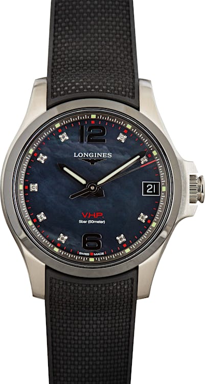 Ladies Longines Conquest V.H.P. Black Mother of Pearl Diamond Dial